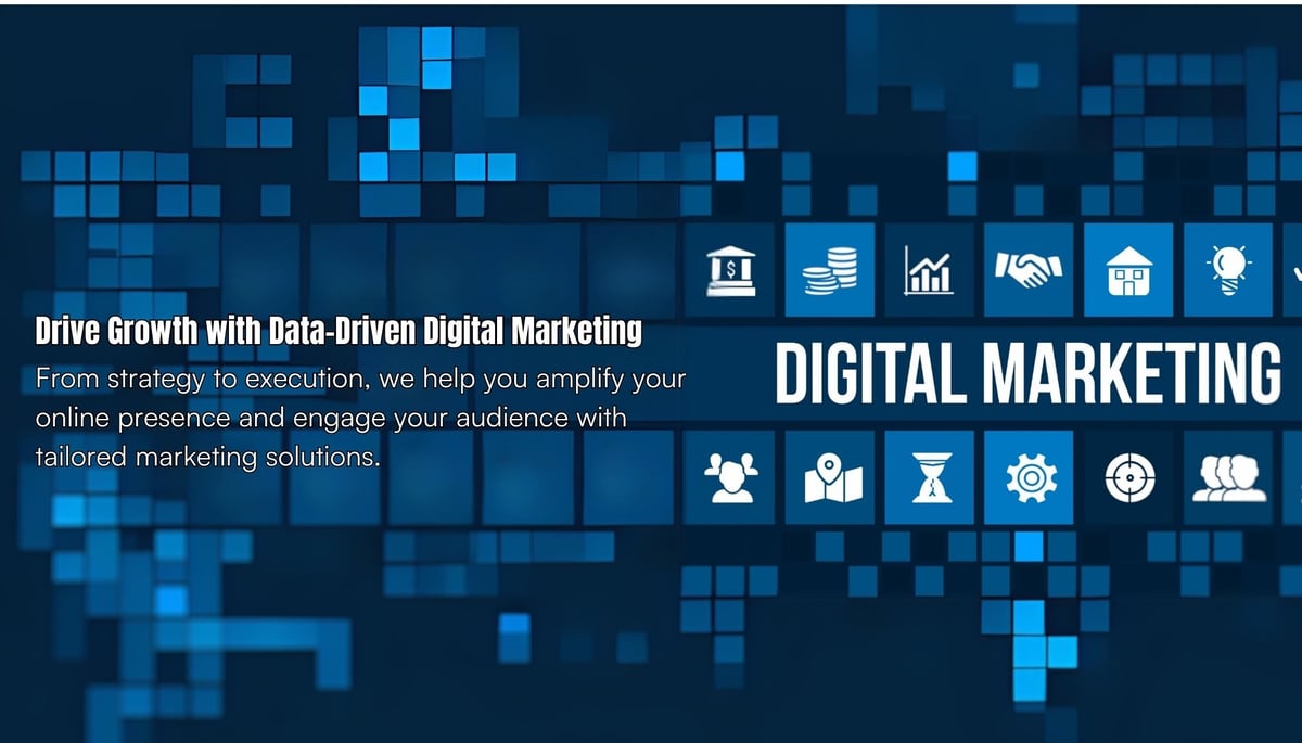 Creative workspace with digital marketers analyzing social media and analytics, showcasing data-driven digital marketing services for business growth.